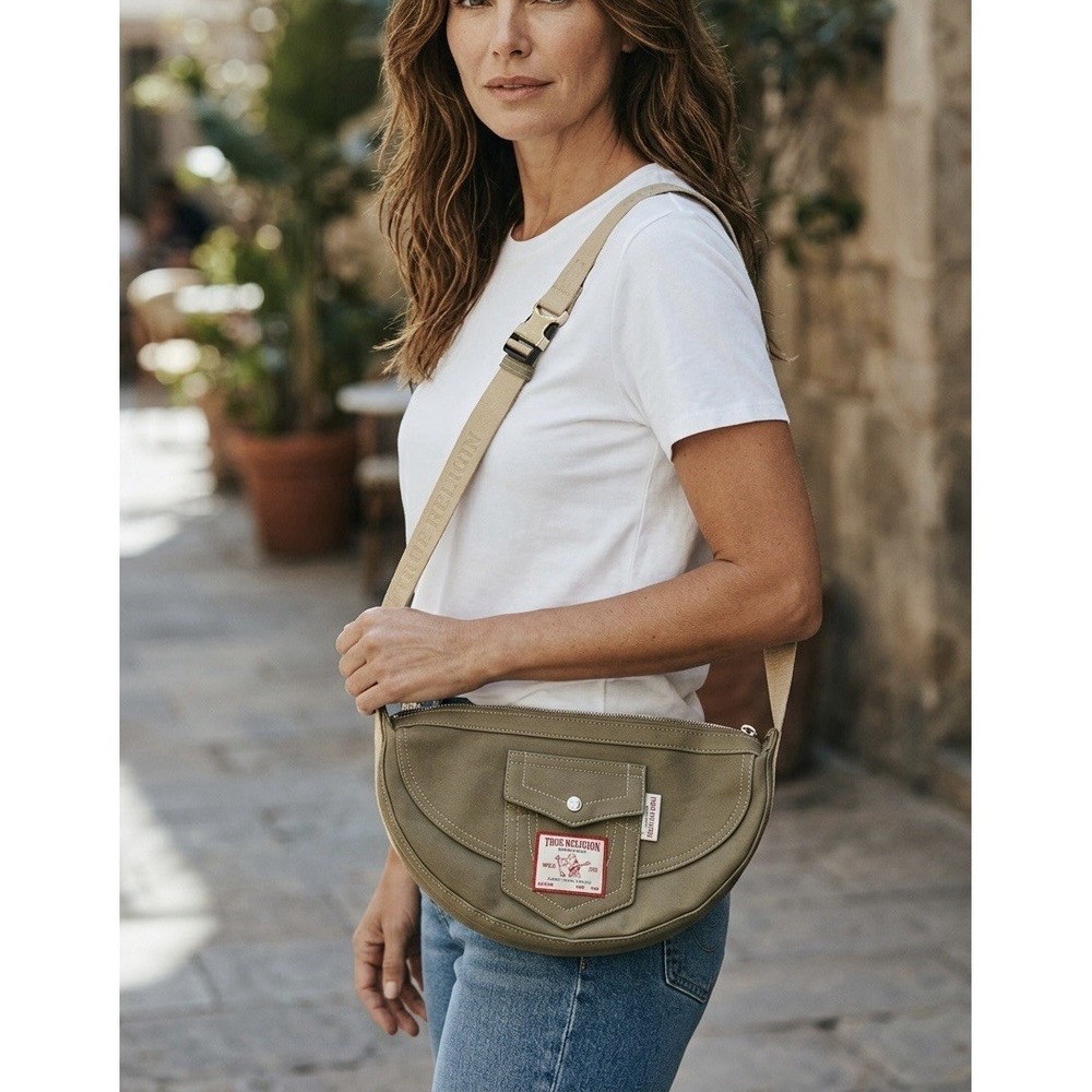 True Religion Half-Moon Faux Suede Crossbody Hobo‎ Bag Purse Olive Green